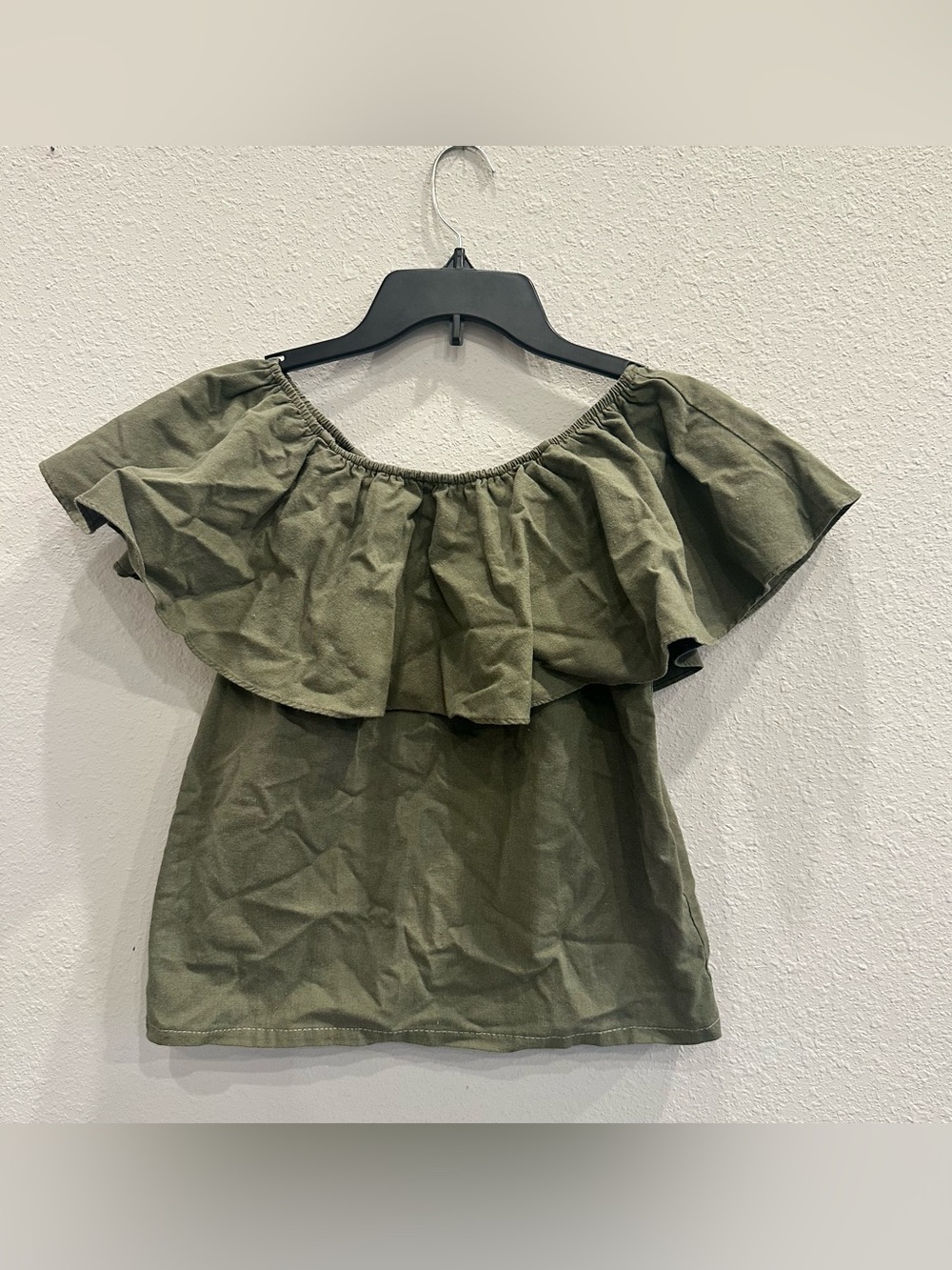 The Hanger Olive Ruffle Off Shoulder Top Boho Small
